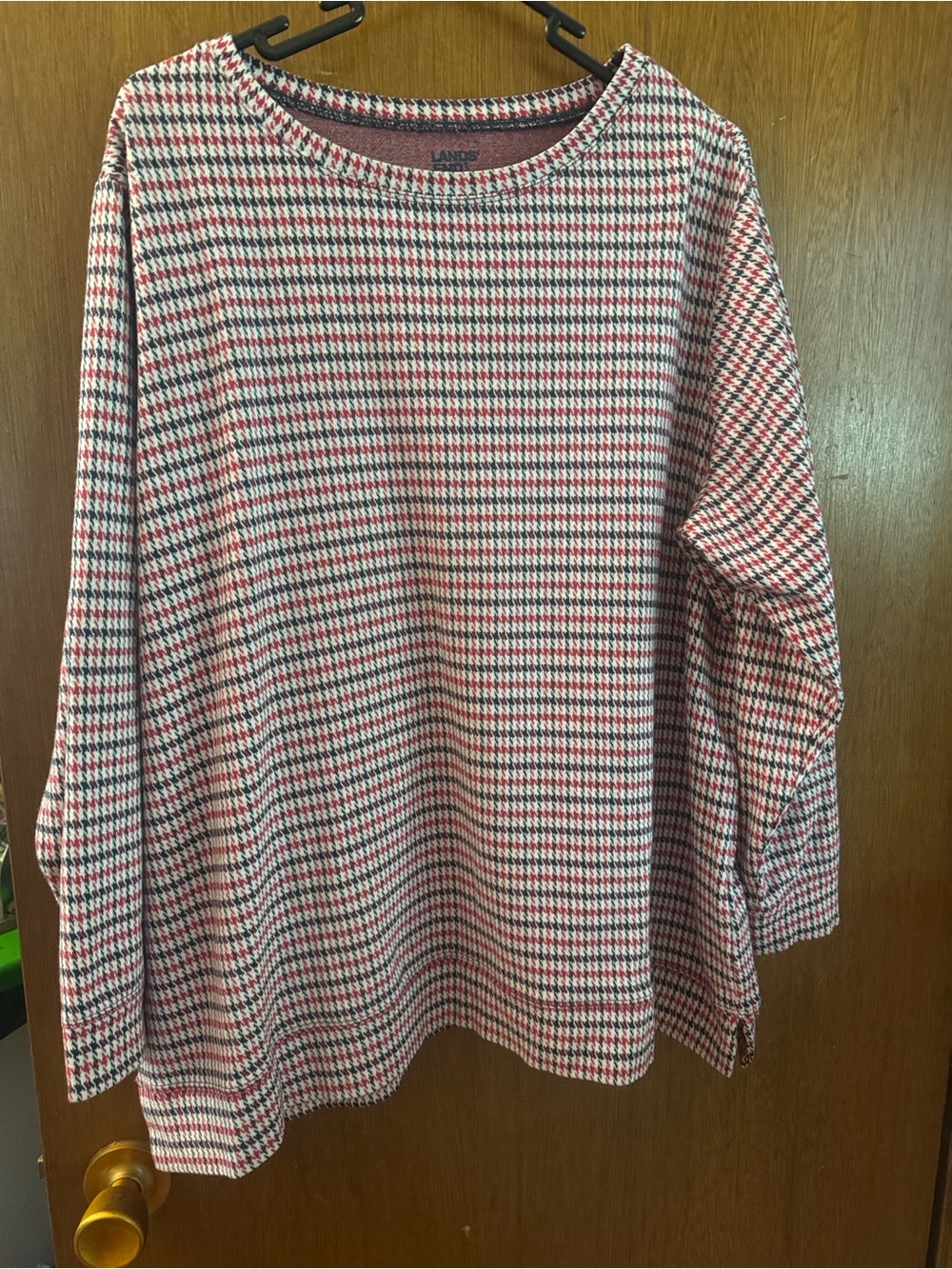 Lands' End Red and White Houndstooth Long-Sleeve Sweatshirt